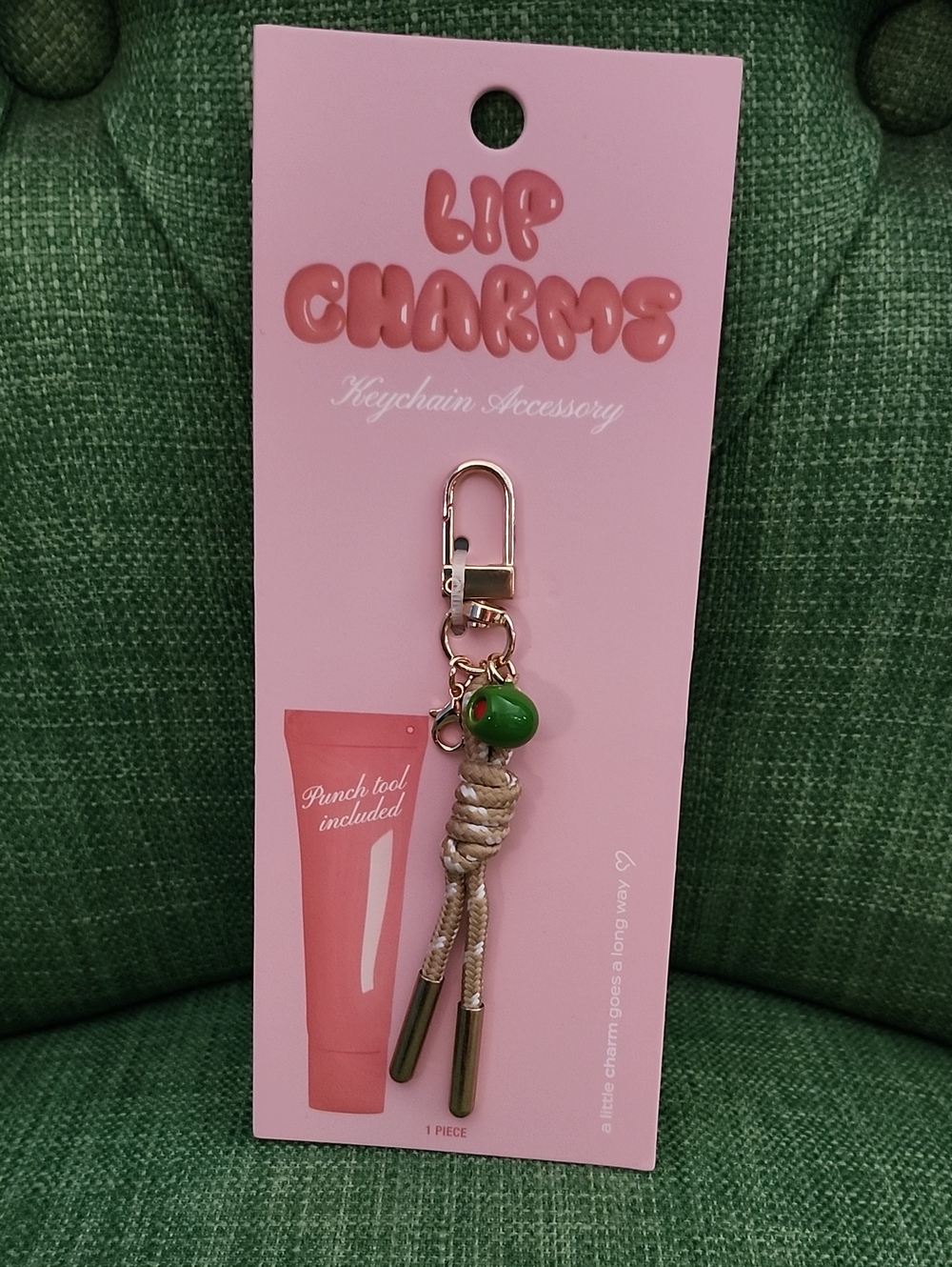 Lip Charms Tan Keychain Accessory with Green Bead